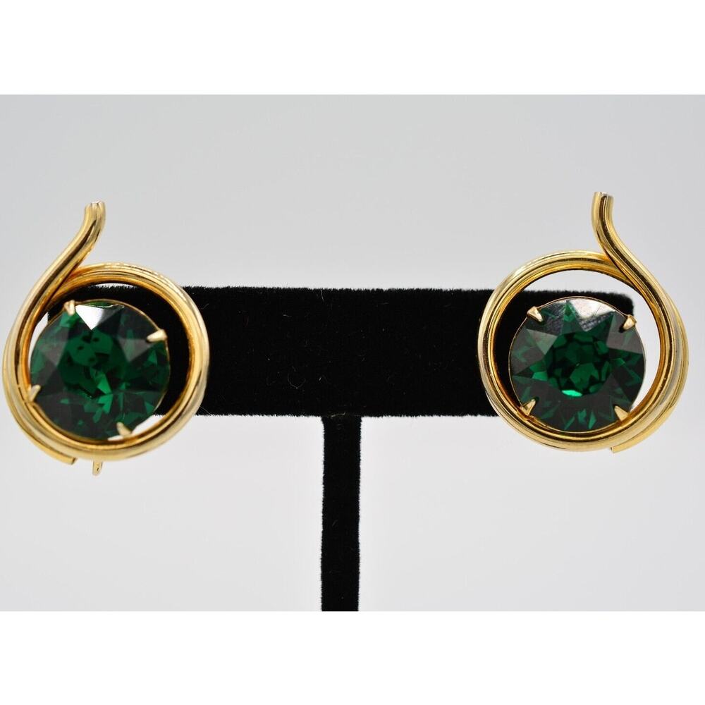 RF Vintage Crystal Clip On Earrings Gold Green Prong Rhinestone Signed BinAI